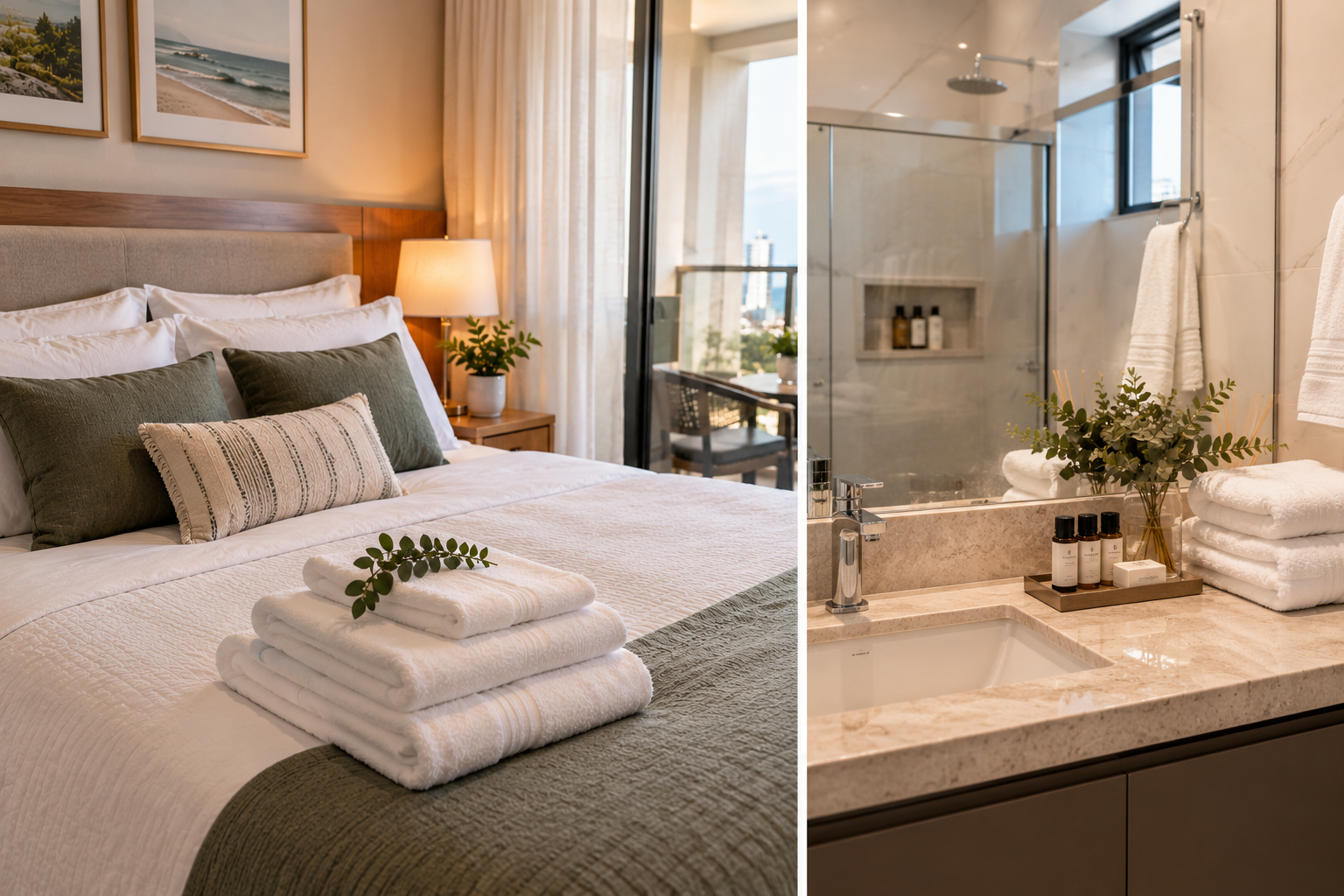 Quarto e banheiro preparados para aluguel de temporada e Airbnb com produtos de cama e banho